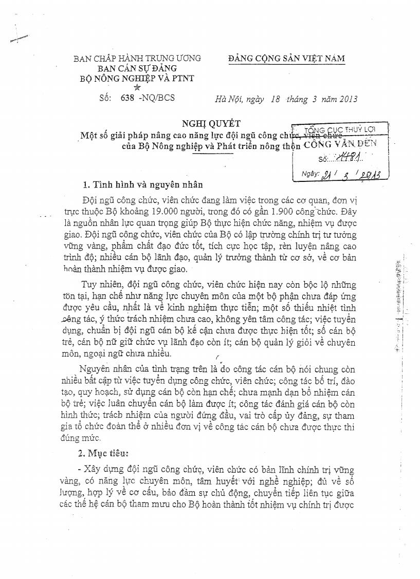 Nghị quyết số 638-NQ/BCS ngay 18/3/2013 về Một số giải pháp nâng cao năng lực đội ngũ công chức, viên chức của Bộ Nông nghiệp và phát triển nông thôn