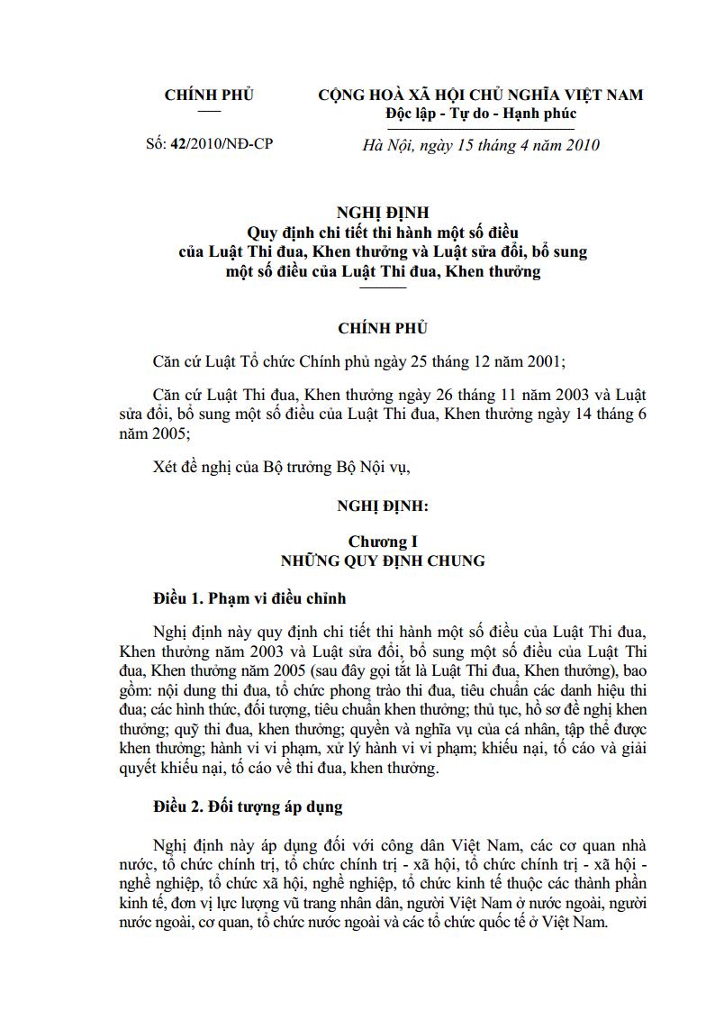 Nghị định số 42/2010/NĐ-CP ngày 15/4/2010 về Quy định chi tiết thi hành một số điều của Luật Thi dua, khen thưởng và Luật sửa đổi, bổ sung một số điều trong Luật Thi đua, khen thưởng