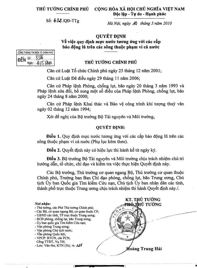 Quyết định số 632/QĐ-TTg ngày 10/5/2010 về Việc quy định mực nước tương ứng với các cấp báo động lũ trên các sông thuộc phạm vi cả nước