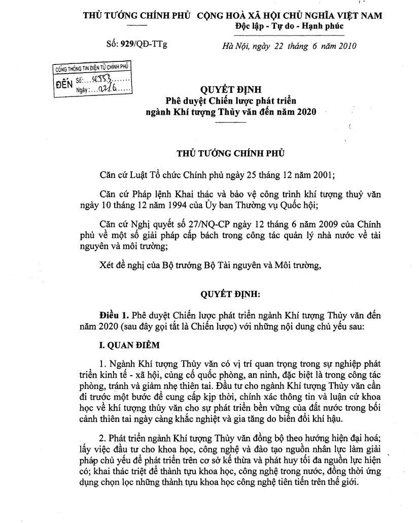 Quyết định số 929/QĐ-TTg ngày 22/6/2010 về Phê duyệt Chiến lược phát triển ngành Khí tượng Thủy văn đến năm 2020