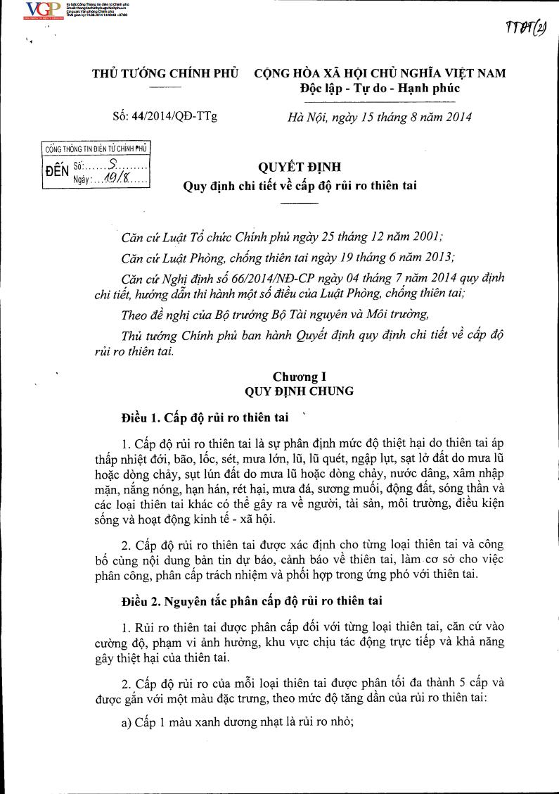 Quyết định số 44/2014/QĐ-TTg ngày 15/8/2014 về Quy định chi tiết về cấp độ rủi ro thiên tai