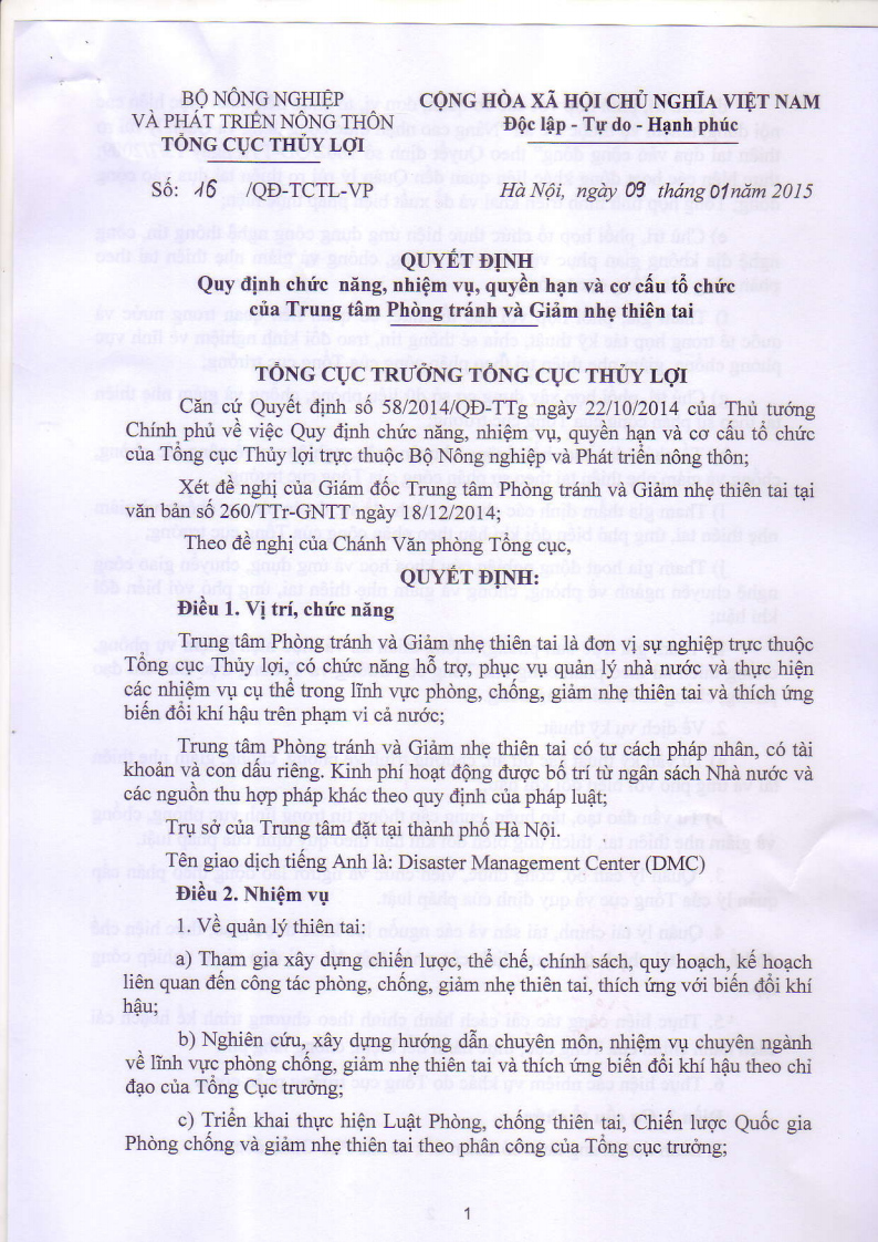 Quyết định số 16/QĐ-TCTL-VP ngày 09/01/2015 về việc Quy định chức năng, nhiệm vụ, quyền hạn và cơ cấu tổ chức của Trung tâm Phòng tránh và Giảm nhẹ thiên tai